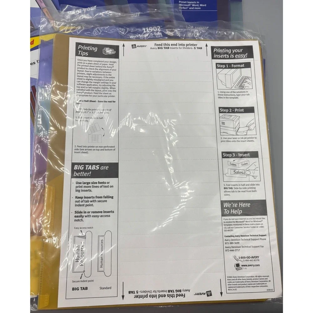 Avery 11902‎ WorkSaver Plastic Pocket Insertable Tab Dividers 5-Tab 6 Sets New